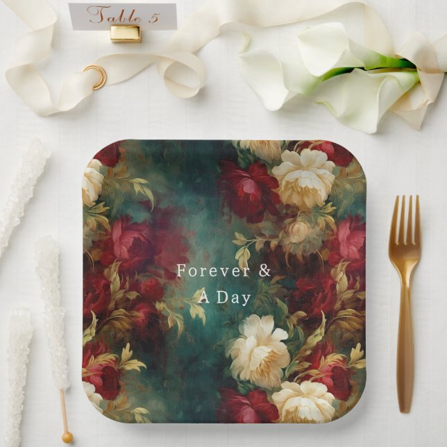 Plato De Papel Flores verdes blancas rojas (Boda)