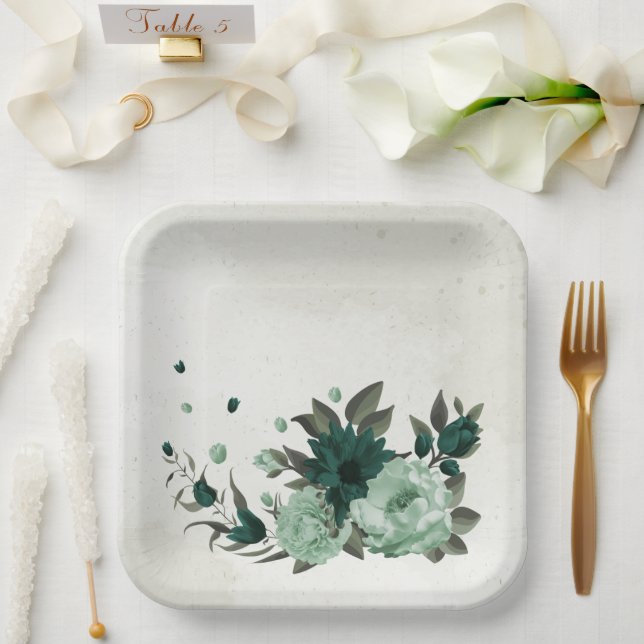 Plato De Papel flores verdes esmeraldas botánicas (Boda)
