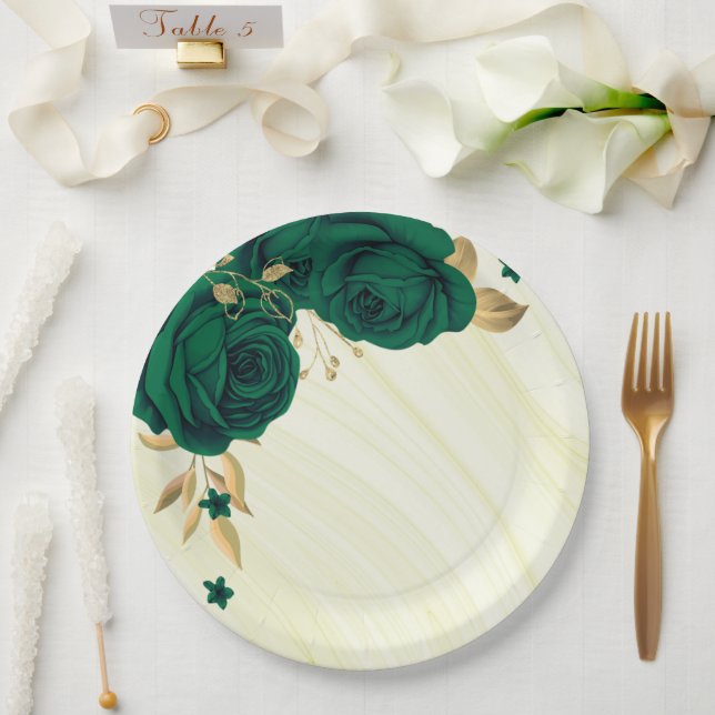 Plato De Papel flores verdes esmeraldas hojas de oro (Boda)