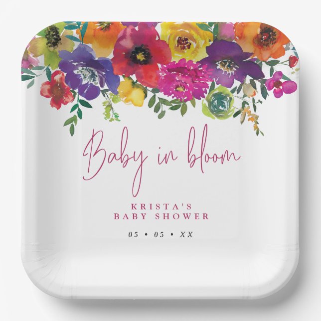 Plato De Papel Flores vibrantes bebé en Baby Shower en sangre (Anverso)