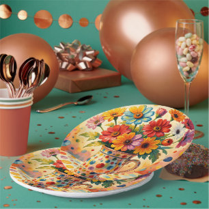 Plato De Papel Flores Vibrantes, Lunares Coloridos,
