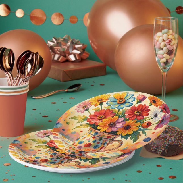 Plato De Papel Flores Vibrantes, Lunares Coloridos, (Multi)