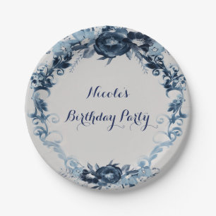Plato De Papel Flores Vintage Azules Elegantes Flores de Boda