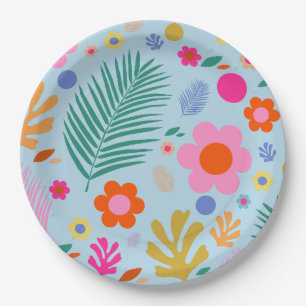 Plato De Papel Flores Y Hojas 03 Azul Y Rosa