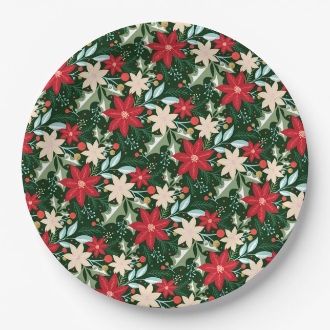 Plato De Papel Flores y hojas de Poinsettia (Anverso)