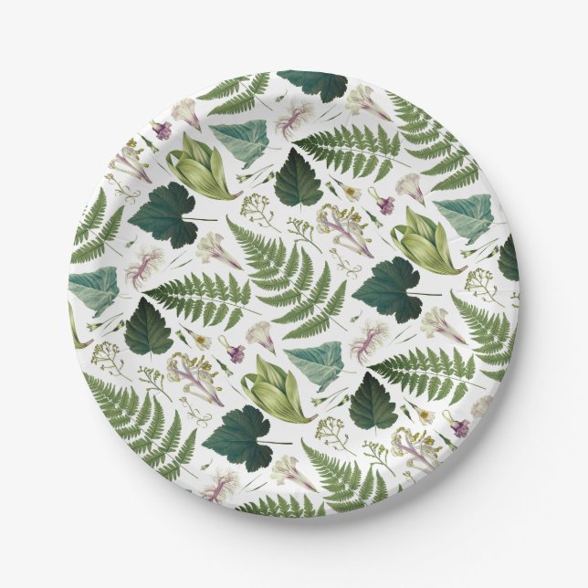Plato De Papel Flores y hojas de primavera verdes elegantes y mod (Anverso)