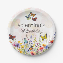 Plato De Papel Flores y mariposas acuarelas divertidas y colorida