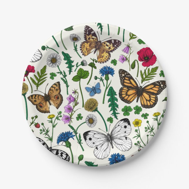 Plato De Papel Flores y mariposas silvestres en blanco (Anverso)