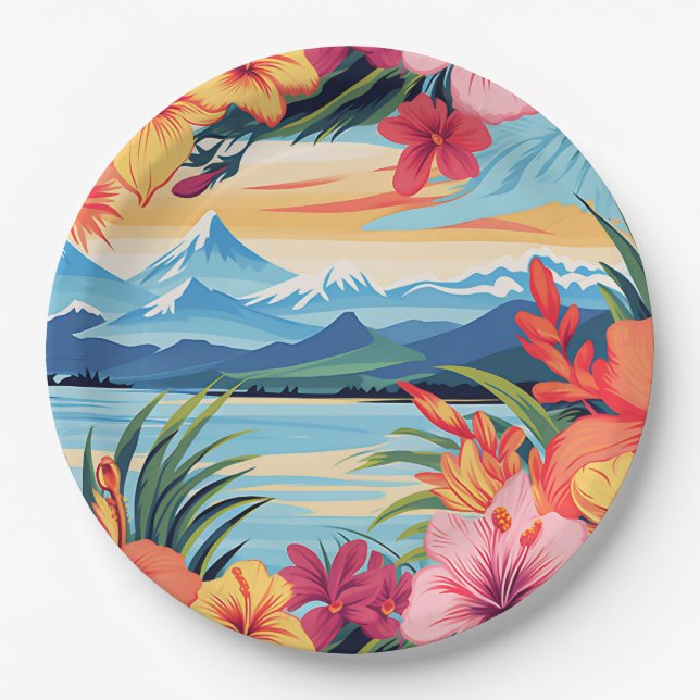 Plato De Papel Flores y paisajes tropicales coloridos (Anverso)