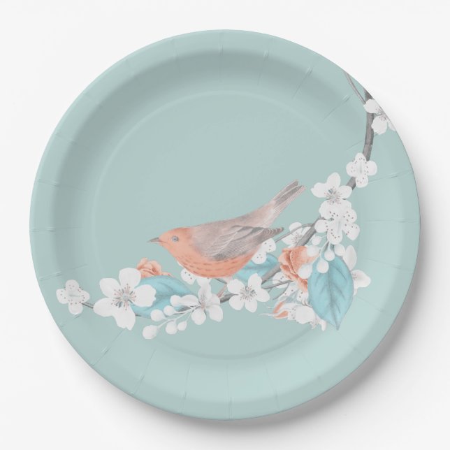 Plato De Papel Flores y pájaros (Anverso)