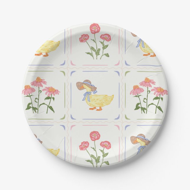 Plato De Papel Flores y patos brillantes (Anverso)