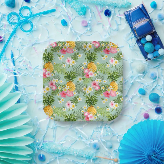 Plato De Papel Flores y piñas tropicales (Fiesta)