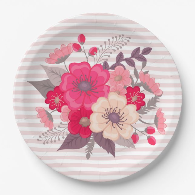 Plato De Papel Flores y rayas (Anverso)