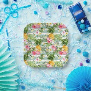 Plato De Papel Flores y rayas Verde azuladas de piña