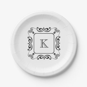 Plato De Papel Floritura Inicial Monograma Remolino Blanco Negro