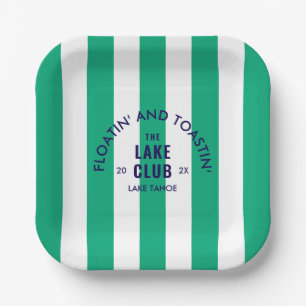 Plato De Papel Flotando y brindando en Lake Club Green Stripe
