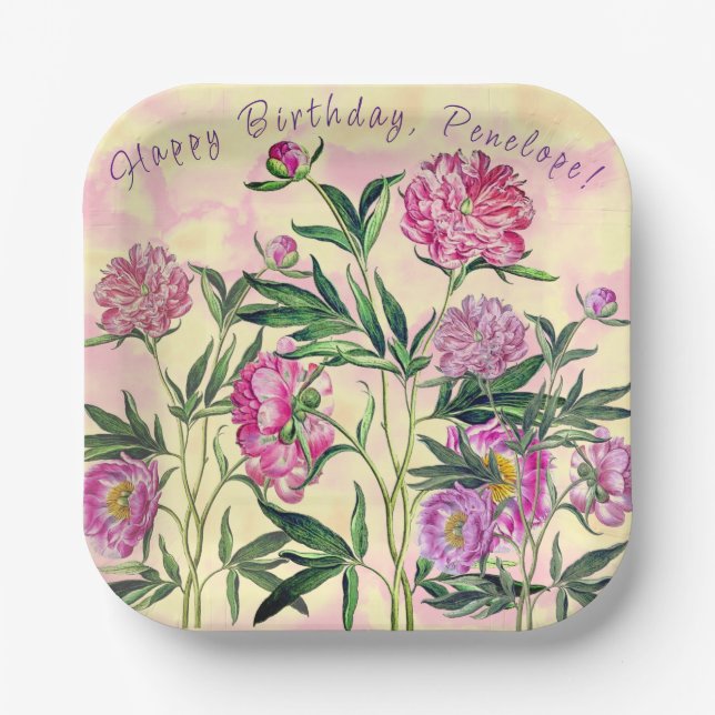 Plato De Papel Flower Garden Peonies Feliz cumpleaños personaliza (Anverso)