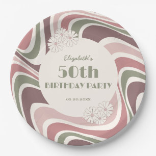Plato De Papel Flower Retro Flower Sage Brown Peach Cumpleaños