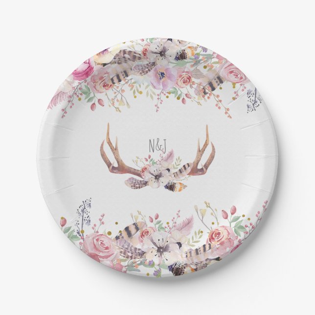 Plato De Papel Flowers & Deer Antlers Fiesta de matrimonio ruso (Anverso)