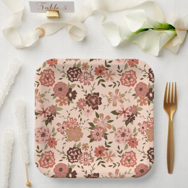 Plato De Papel Flowers Peach Brown (evento botánico) (Boda)