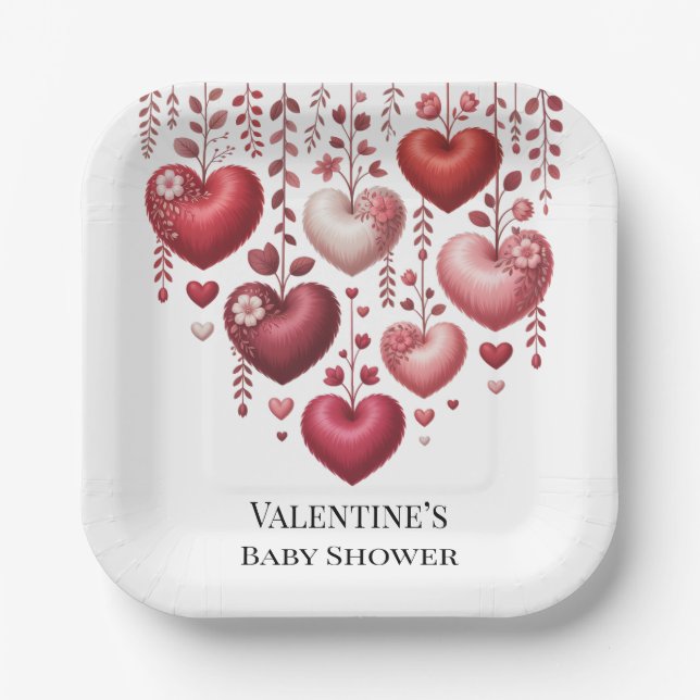 Plato De Papel Fluffy Red Floral Heart Baby Shower (Anverso)