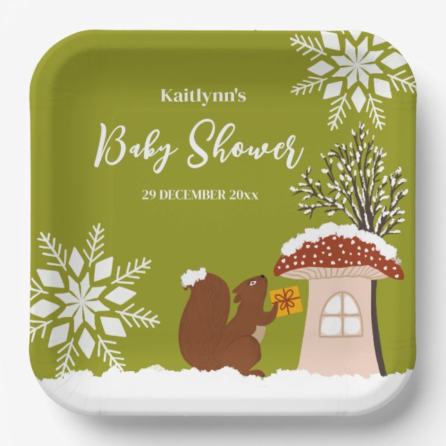 Plato De Papel Fluffy Squirrel Gift Winter Baby Shower (Anverso)