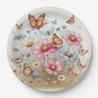 Plato De Papel Fluttering Butterflies on Flowers on round plate