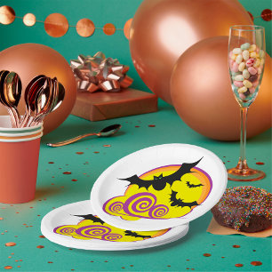 Plato De Papel Flying Bats Halloween Noche Full Moon Swirls