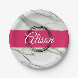 Plato De Papel Focsia rosa de mármol blanco personalizado