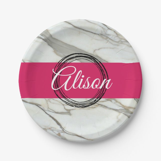 Plato De Papel Focsia rosa de mármol blanco personalizado (Anverso)