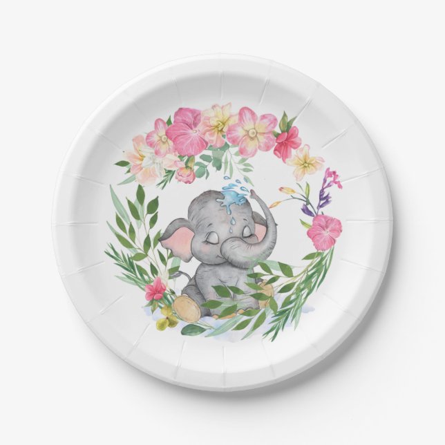 Plato De Papel Foliage Cute Elephant Florals Baby Shower rosa (Anverso)