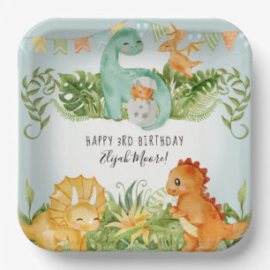Plato De Papel Foliage de dinosaurio cuadrado 3.ᵉʳ Fiesta de c