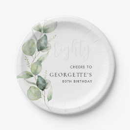 Plato De Papel Foliage de Eucalyptus 80th Birthday Watercolor