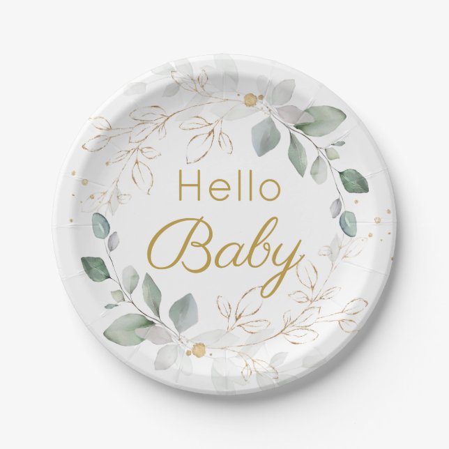Plato De Papel Foliage de oro verde Sexo Neutral Baby Shower Pap (Anverso)