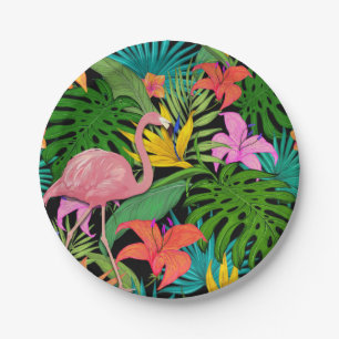 Plato De Papel Foliage Exótico Tropical Rosa Flamingo