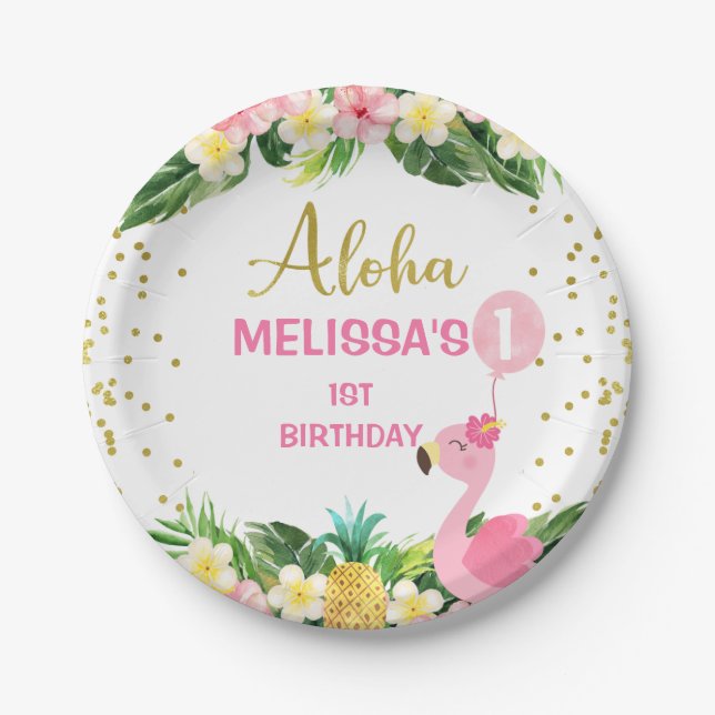 Plato De Papel Foliage floral Gold Aloha Flamingo 1er cumpleaños  (Anverso)