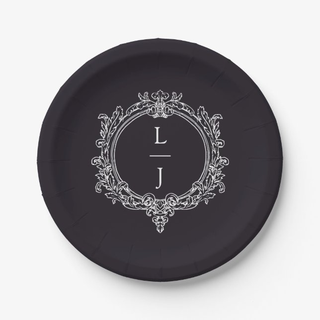 Plato De Papel foliage negro y blanco Crest boda (Anverso)