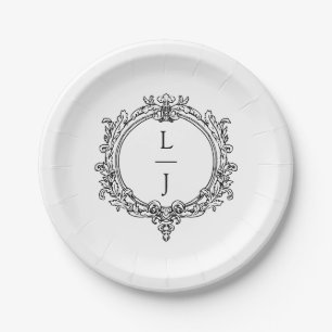 Plato De Papel foliage negro y blanco Crest boda