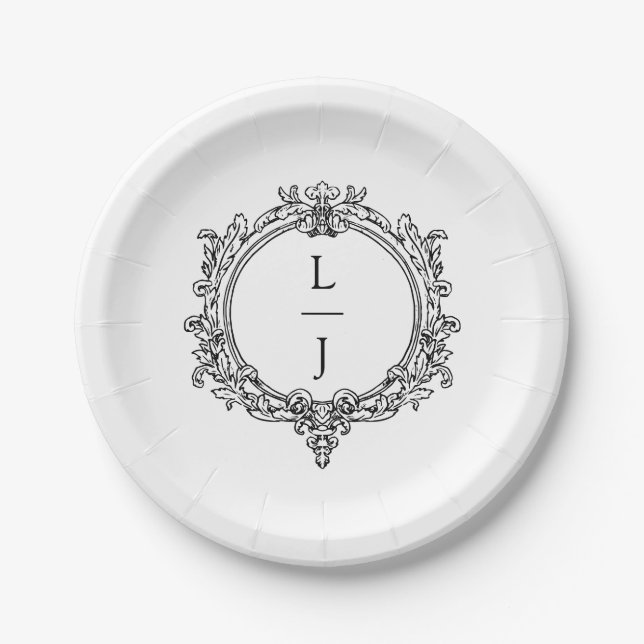 Plato De Papel foliage negro y blanco Crest boda (Anverso)