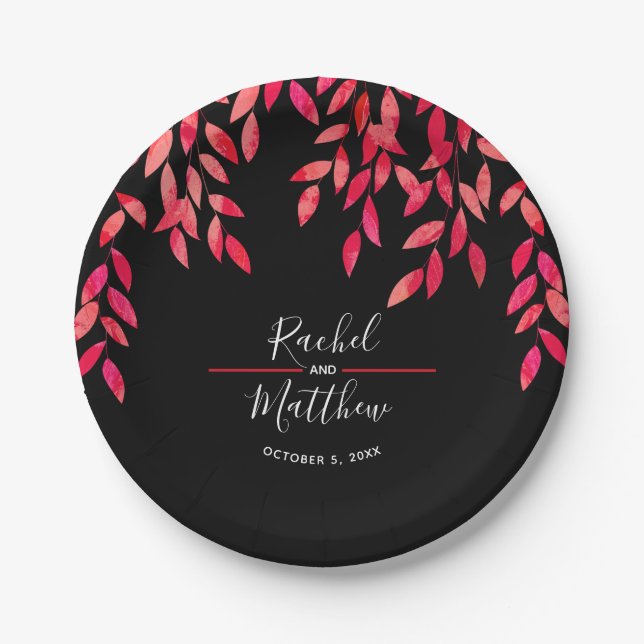 Plato De Papel Foliage rosa caliente en Boda negro (Anverso)