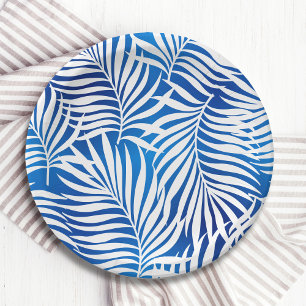 Plato De Papel Foliage Tropical Azul Y Blanco   Floral