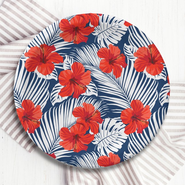 Plato De Papel Foliage Tropical Con Hibiscus Floral Rojo (Subido por el creador)