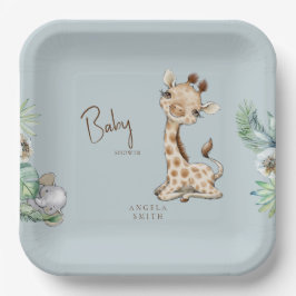Plato De Papel Foliage Tropical Dusty Blue Jungle Baby Shower