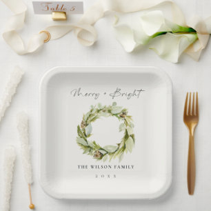Plato De Papel Foliage Winter Wreath Merry & Bright Navidades