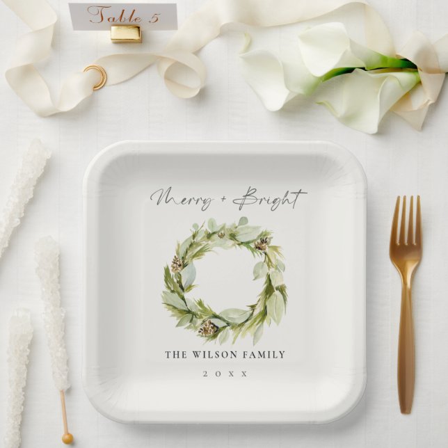 Plato De Papel Foliage Winter Wreath Merry & Bright Navidades (Boda)