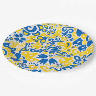 Plato De Papel Folklore pattern with Ukrainian flag colors