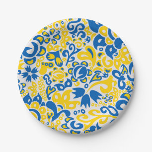 Plato De Papel Folklore pattern with Ukrainian flag colors 