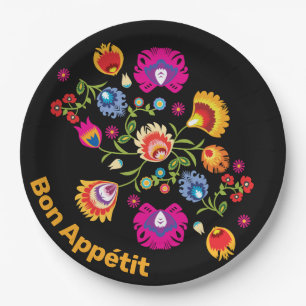 Plato De Papel Folklore polaco con flores rosas