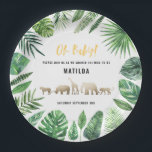 Plato De Papel Follaje tropical   animales dorados fiesta de duch<br><div class="desc">Animales tropicales de follaje y de efecto dorado para bebés ducha fiesta placas de papel. El follaje acuático pintado a mano,  el texto de guión y los animales dorados hacen de esto un divertido y moderno tema de la ducha para bebés.</div>