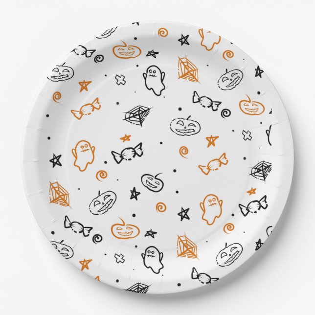 Plato De Papel Fondo con patrón de Halloween  (Anverso)